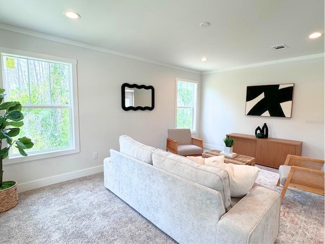 living room with a wealth of natural light, carpet flooring, and ornamental molding