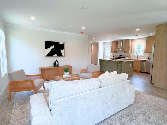 living room featuring crown molding and light carpet