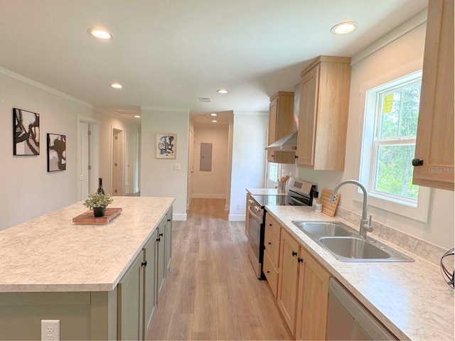 kitchen with stainless steel appliances, sink, light brown cabinetry, and light hardwood / wood-style floors