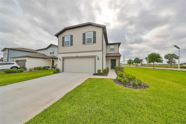 front of property with a front lawn and a garage