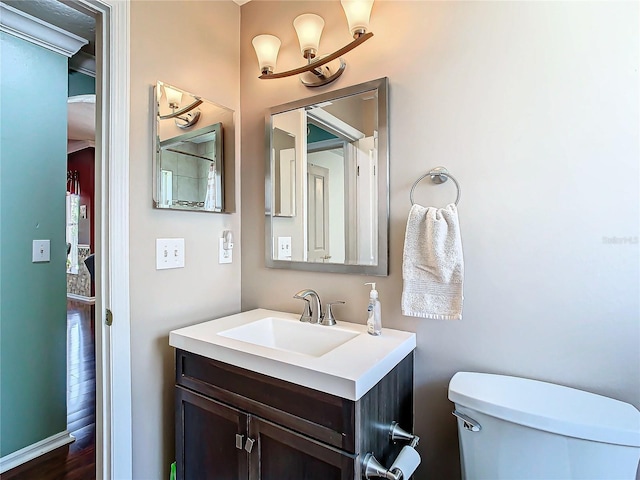 bathroom featuring vanity, wood-type flooring, and toilet