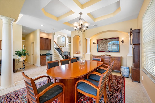 carpeted dining space featuring coffered ceiling, beamed ceiling, and a chandelier