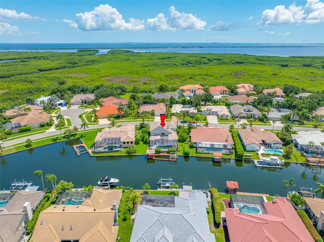 aerial view featuring a water view