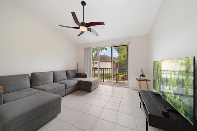 tiled living room featuring high vaulted ceiling and ceiling fan