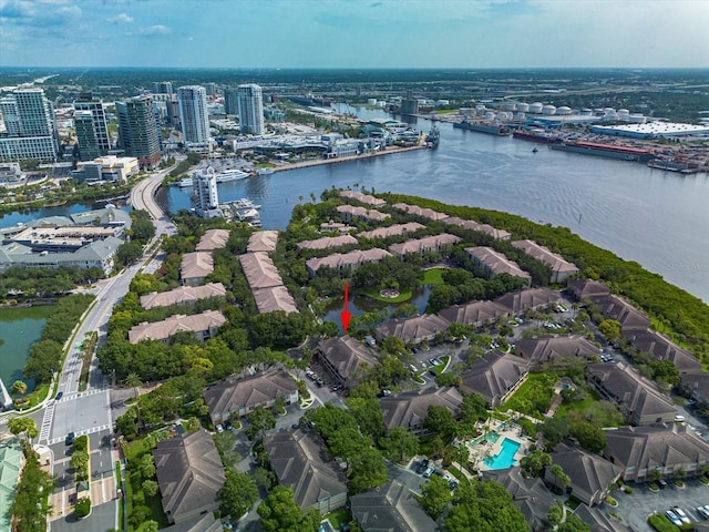 drone / aerial view featuring a water view