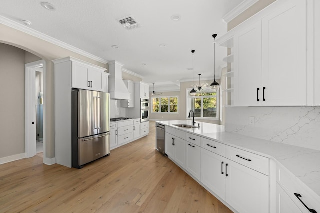 kitchen featuring decorative backsplash, custom exhaust hood, stainless steel appliances, sink, and decorative light fixtures