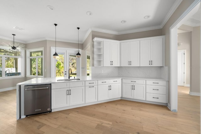 kitchen featuring sink, stainless steel dishwasher, light hardwood / wood-style floors, decorative backsplash, and white cabinets