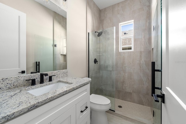 bathroom with vanity, toilet, and a shower with door