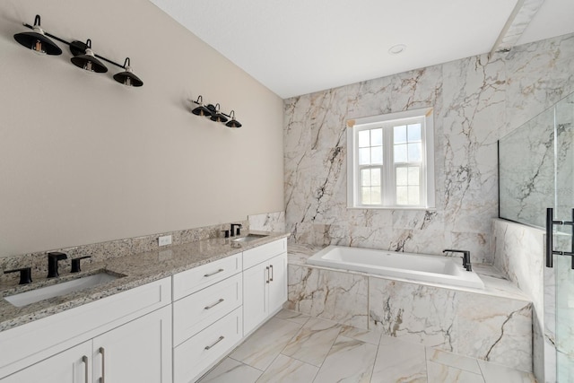 bathroom featuring plus walk in shower and vanity