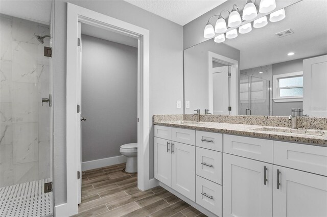 bathroom featuring vanity, a textured ceiling, a shower with shower door, and toilet