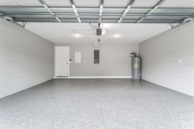 garage with a garage door opener, electric panel, and electric water heater