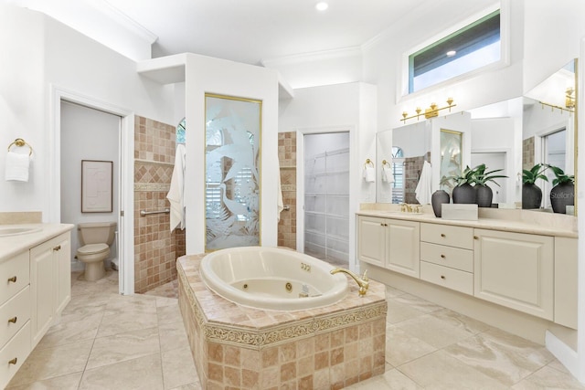 full bathroom featuring vanity, tile patterned flooring, shower with separate bathtub, crown molding, and toilet