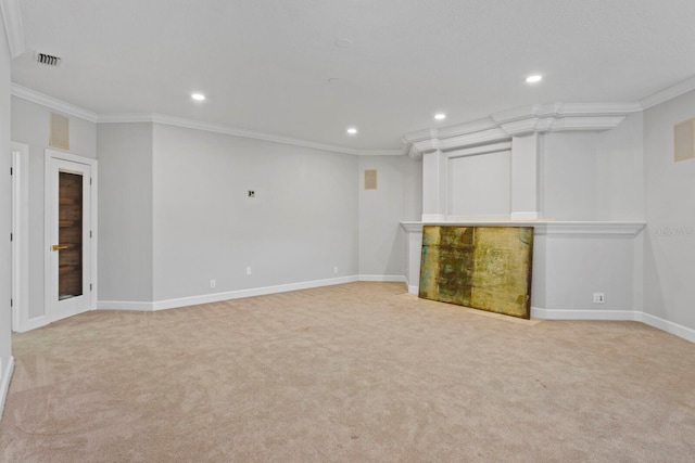 interior space with crown molding and light carpet