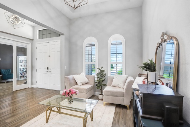 living room featuring high vaulted ceiling and wood-type flooring