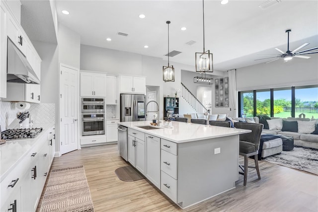 kitchen with tasteful backsplash, an island with sink, light wood-type flooring, appliances with stainless steel finishes, and sink