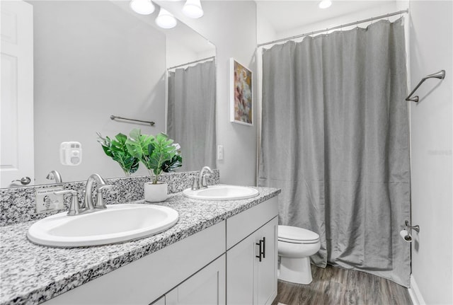 bathroom with vanity with extensive cabinet space, wood-type flooring, toilet, and double sink