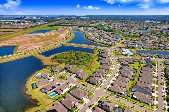 drone / aerial view with a water view