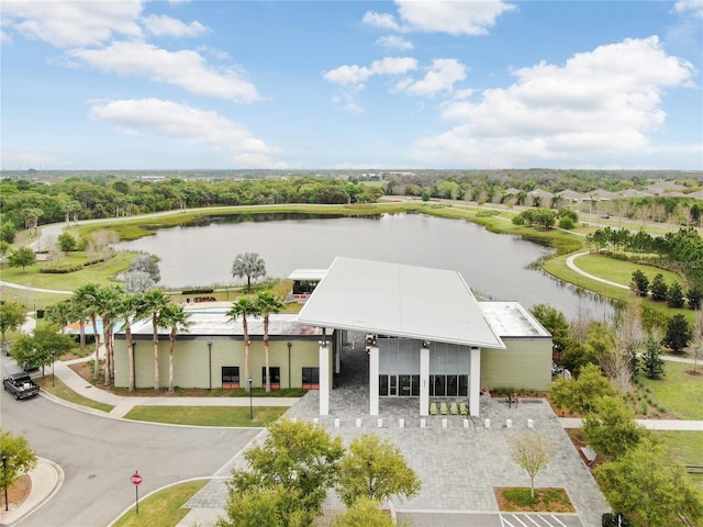 bird's eye view with a water view