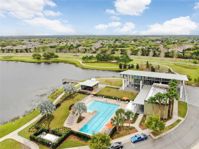 birds eye view of property featuring a water view