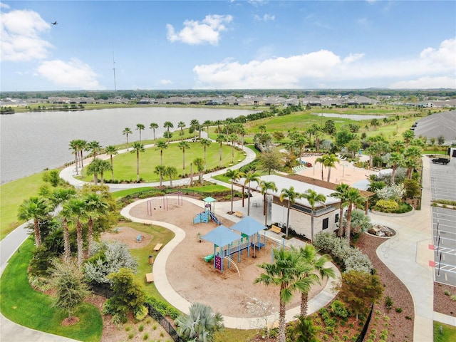 bird's eye view with a water view