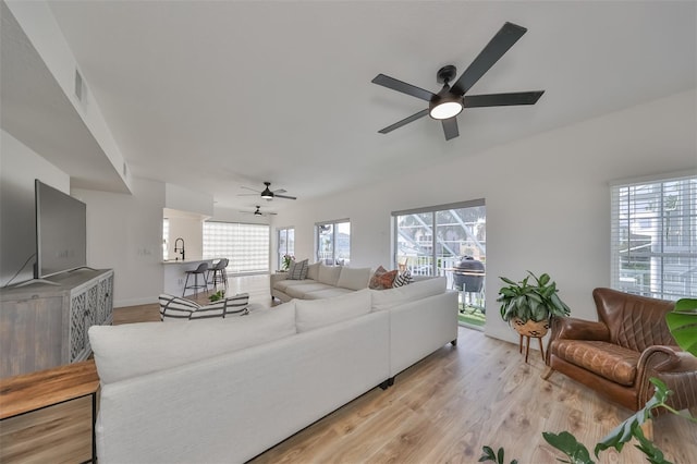 living room featuring ceiling fan, light hardwood / wood-style flooring, and sink