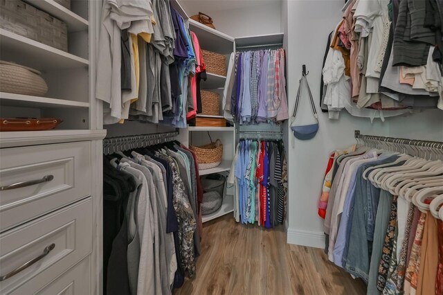 walk in closet with hardwood / wood-style floors