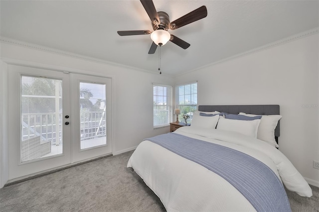 bedroom featuring ceiling fan, french doors, crown molding, carpet, and access to exterior