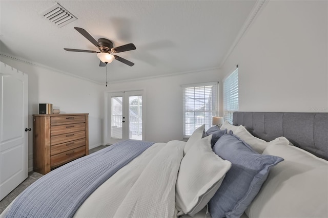 carpeted bedroom featuring access to outside, crown molding, and ceiling fan