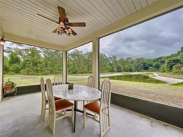 sunroom with ceiling fan, plenty of natural light, and a water view