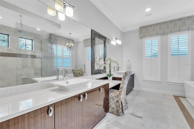 bathroom featuring a chandelier, vanity, an enclosed shower, and ornamental molding