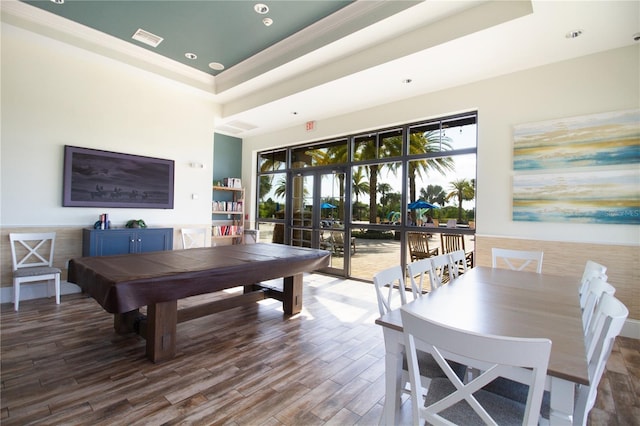 rec room with hardwood / wood-style flooring, crown molding, pool table, and a tray ceiling