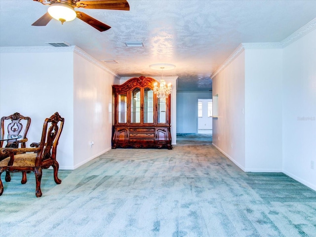 interior space featuring ornamental molding and carpet floors