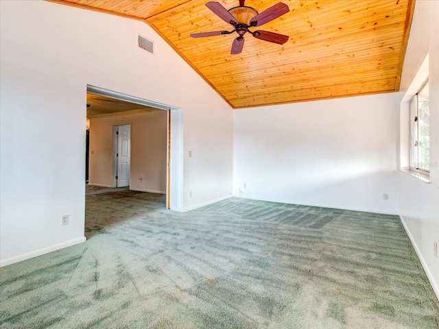 carpeted spare room featuring ceiling fan, lofted ceiling, and wooden ceiling