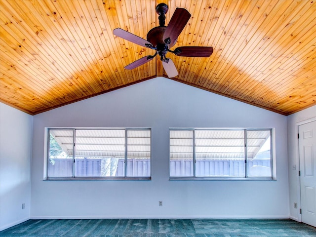 carpeted empty room with wood ceiling, ceiling fan, and vaulted ceiling