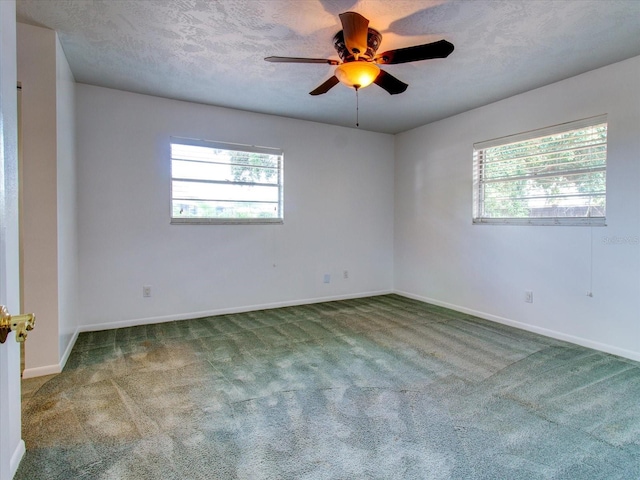 carpeted empty room featuring a textured ceiling, plenty of natural light, and ceiling fan