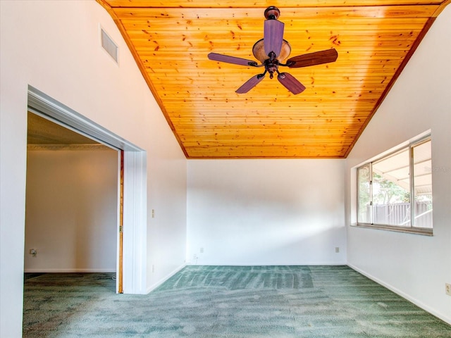 spare room featuring wooden ceiling, ceiling fan, and vaulted ceiling