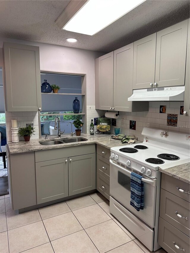 kitchen featuring gray cabinets, sink, and white range with electric stovetop