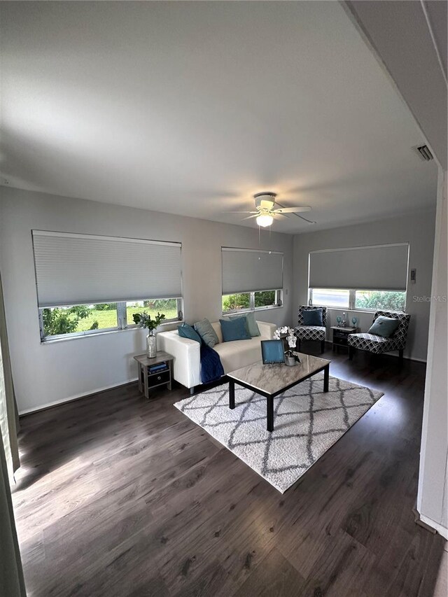 living room with ceiling fan, dark hardwood / wood-style floors, and a wealth of natural light