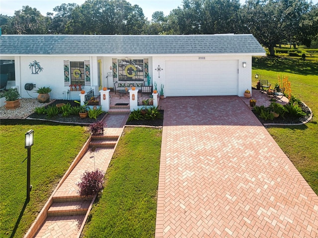 single story home with a front yard, a garage, and covered porch