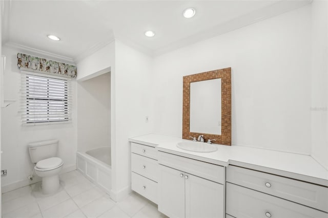 full bathroom with a washtub, crown molding, recessed lighting, toilet, and vanity