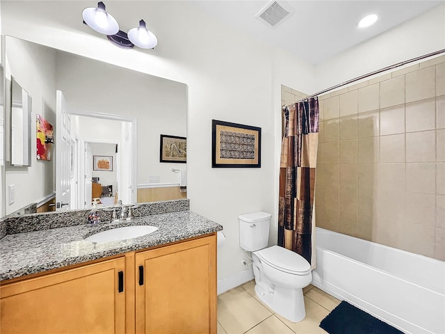 full bathroom with shower / bath combo with shower curtain, vanity, toilet, and tile floors