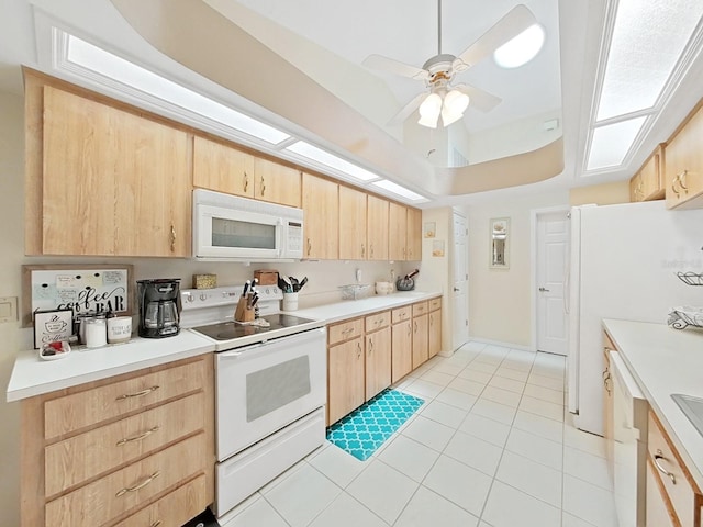 kitchen featuring ceiling fan, light brown cabinetry, white appliances, and light tile floors