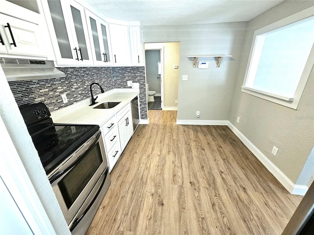 kitchen with sink, white cabinetry, light hardwood / wood-style flooring, and electric stove