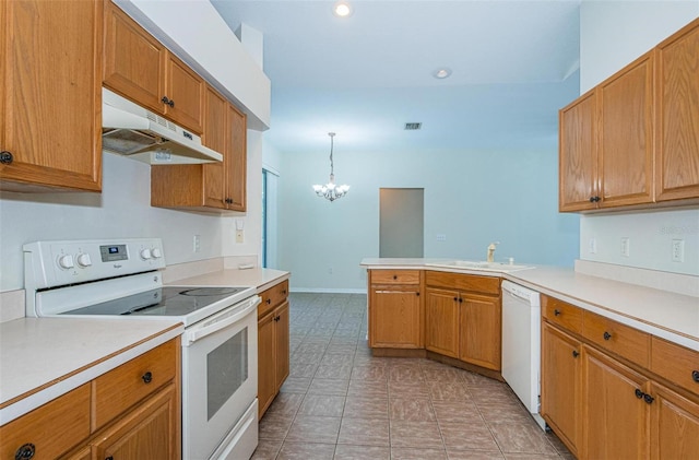 kitchen with white appliances, light tile flooring, pendant lighting, a notable chandelier, and sink