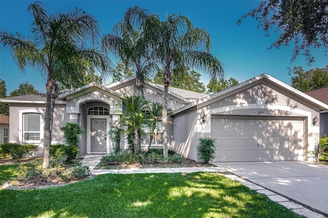 single story home featuring a garage and a front lawn