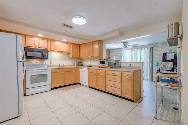 kitchen featuring ceiling fan, light tile patterned floors, sink, kitchen peninsula, and white appliances