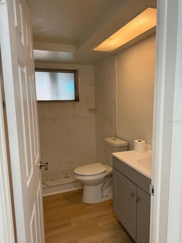 bathroom with a shower, wood-type flooring, vanity, and toilet