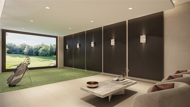 interior space with golf simulator and light tile flooring