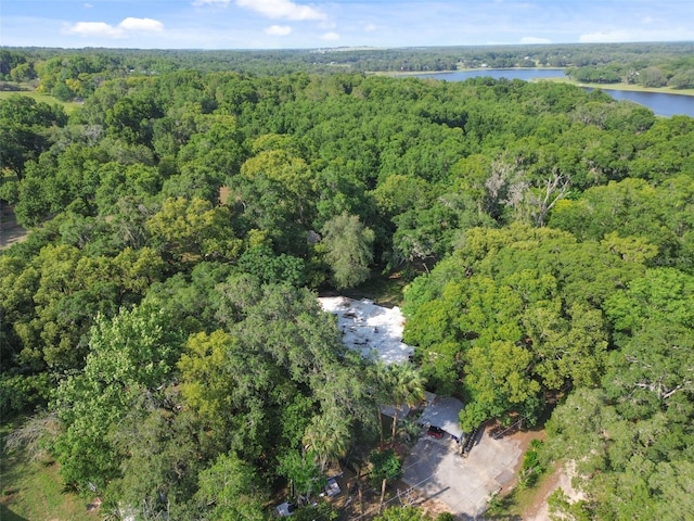 aerial view with a water view and a wooded view