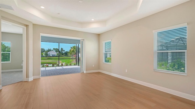 unfurnished room with a raised ceiling, a wealth of natural light, and light hardwood / wood-style flooring